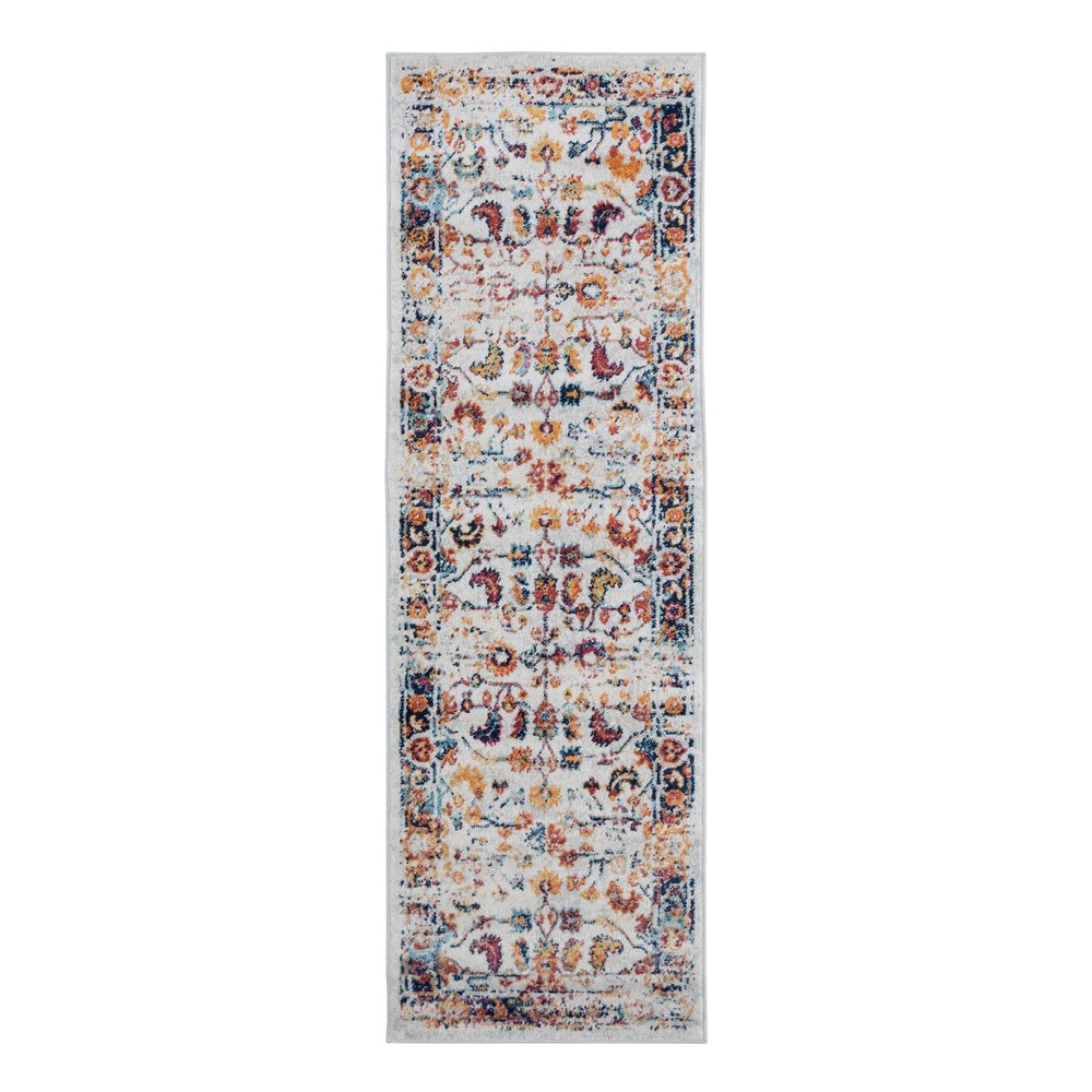 10' Ivory Navy and Orange Floral Power Loom Runner Rug