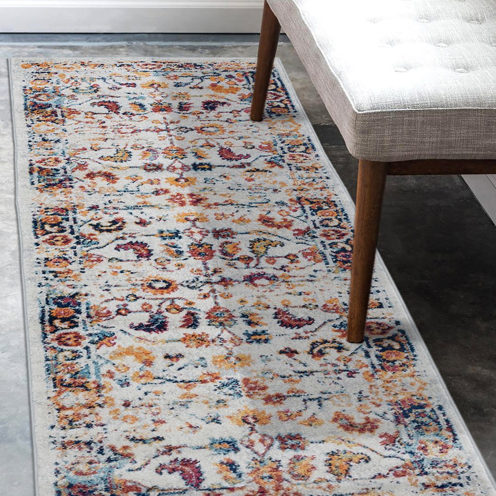 10' Ivory Navy and Orange Floral Power Loom Runner Rug