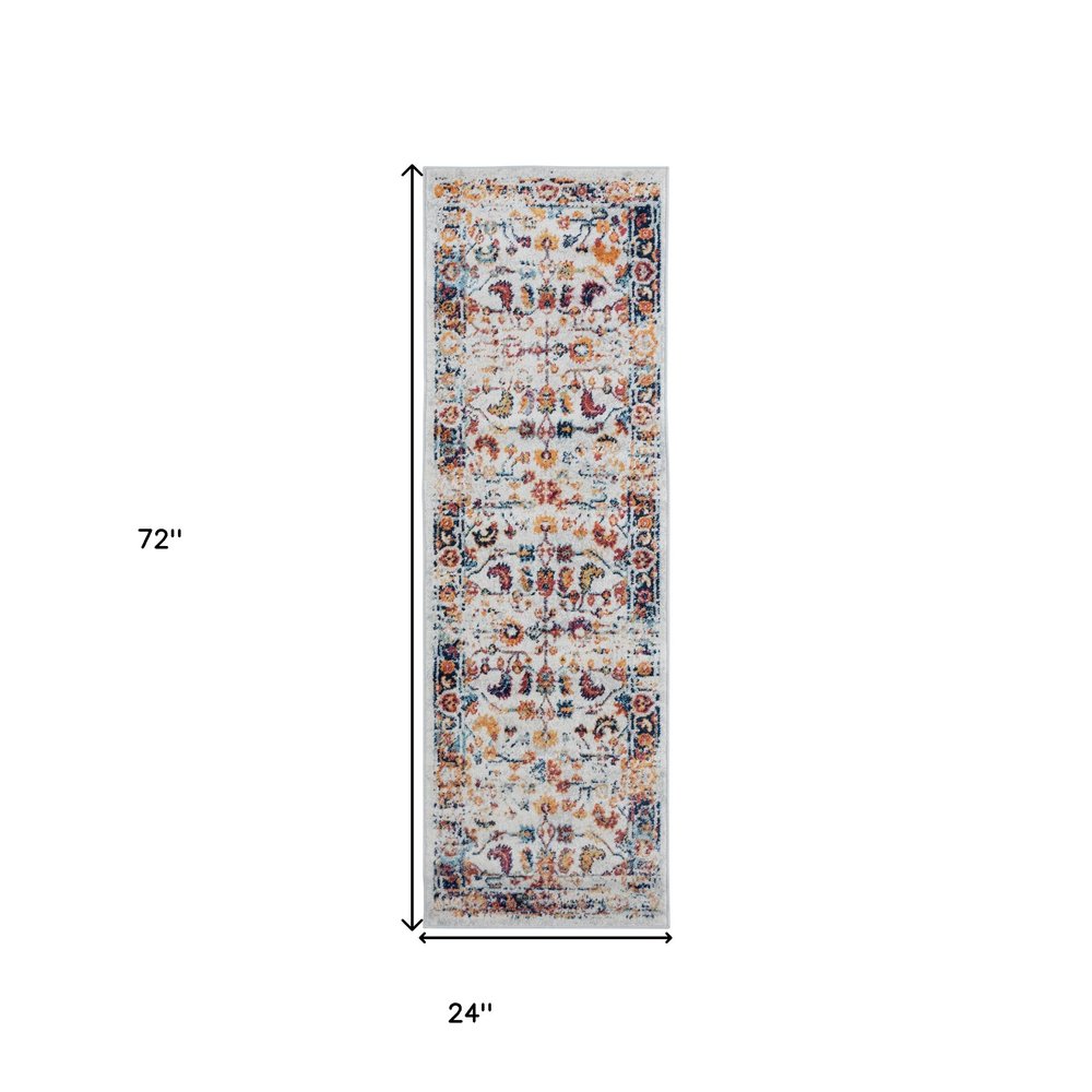 10' Ivory Navy and Orange Floral Power Loom Runner Rug