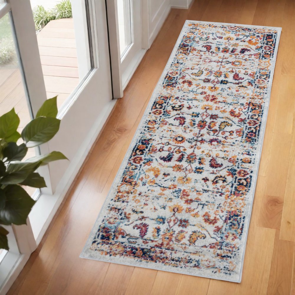 10' Ivory Navy and Orange Floral Power Loom Runner Rug