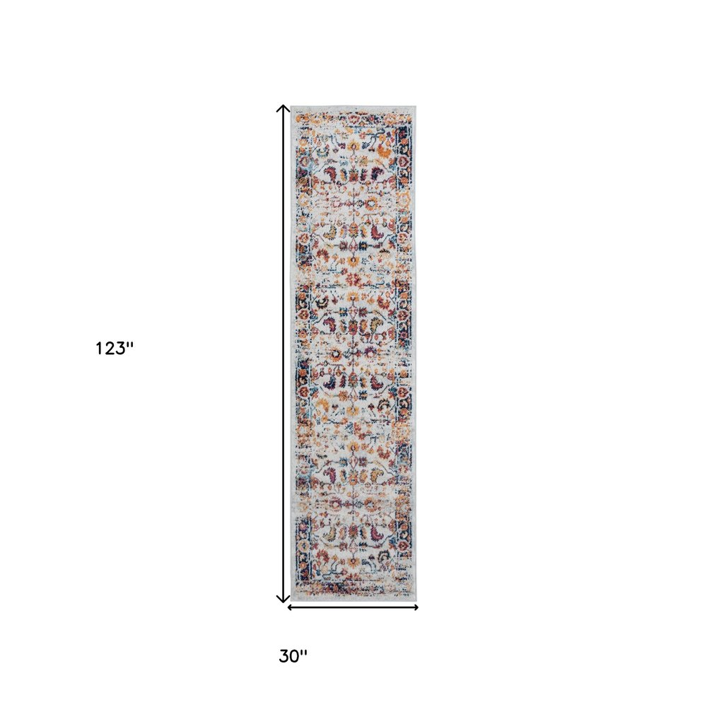 10' Ivory Navy and Orange Floral Power Loom Runner Rug