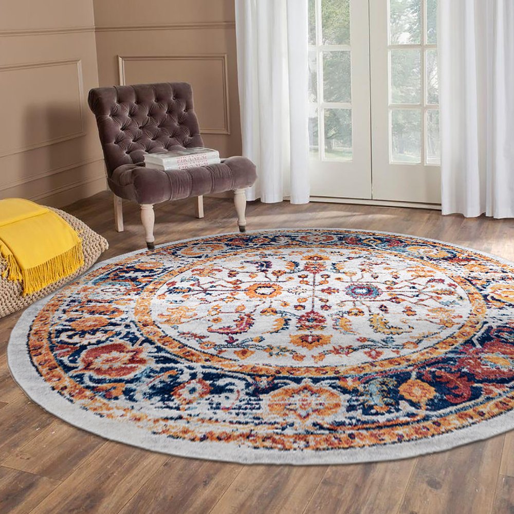 10' Ivory Navy and Orange Floral Power Loom Runner Rug