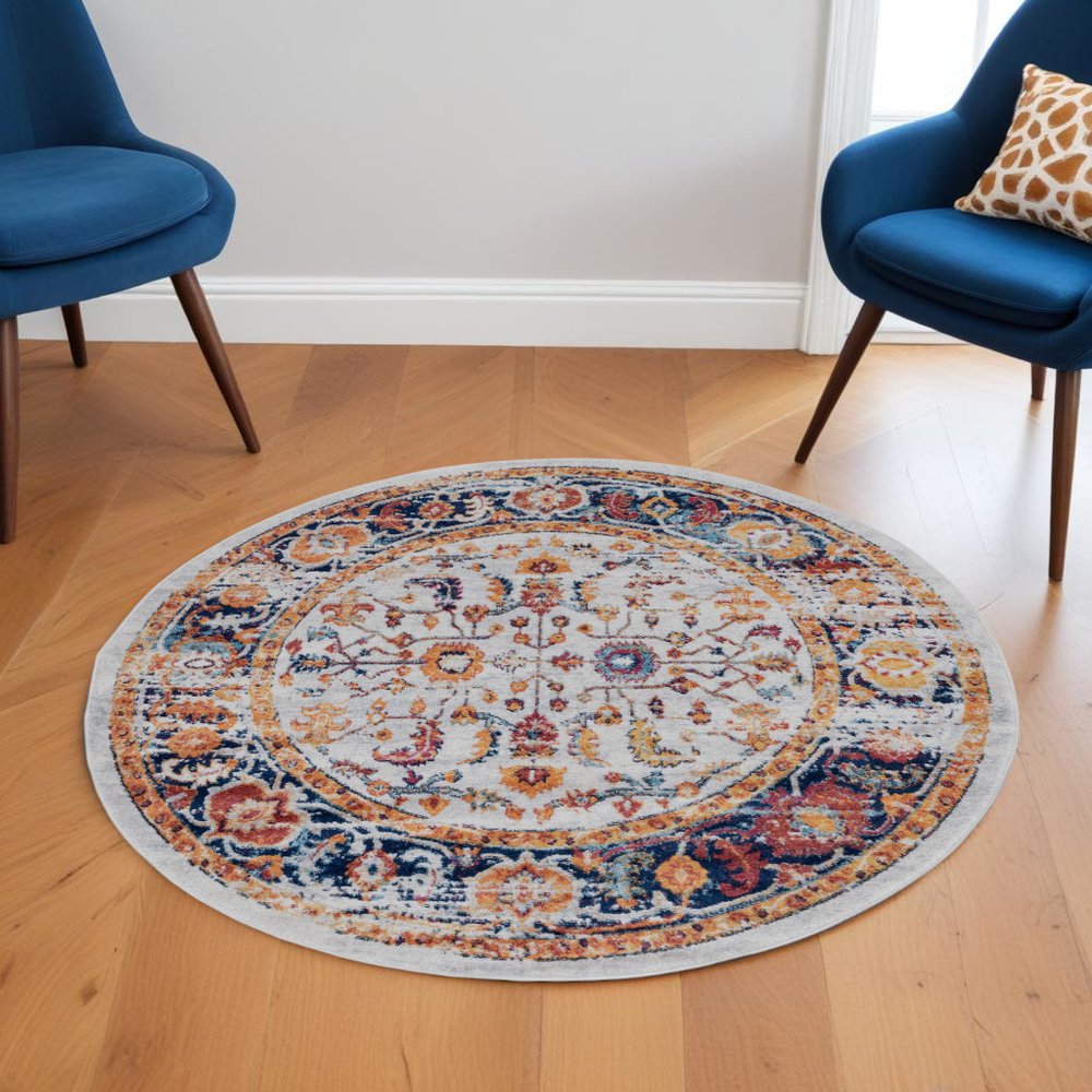10' Ivory Navy and Orange Floral Power Loom Runner Rug