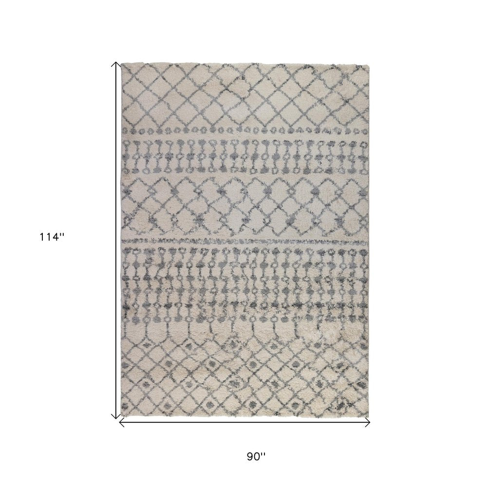 8' X 12' Gray And Ivory Geometric Shag Area Rug