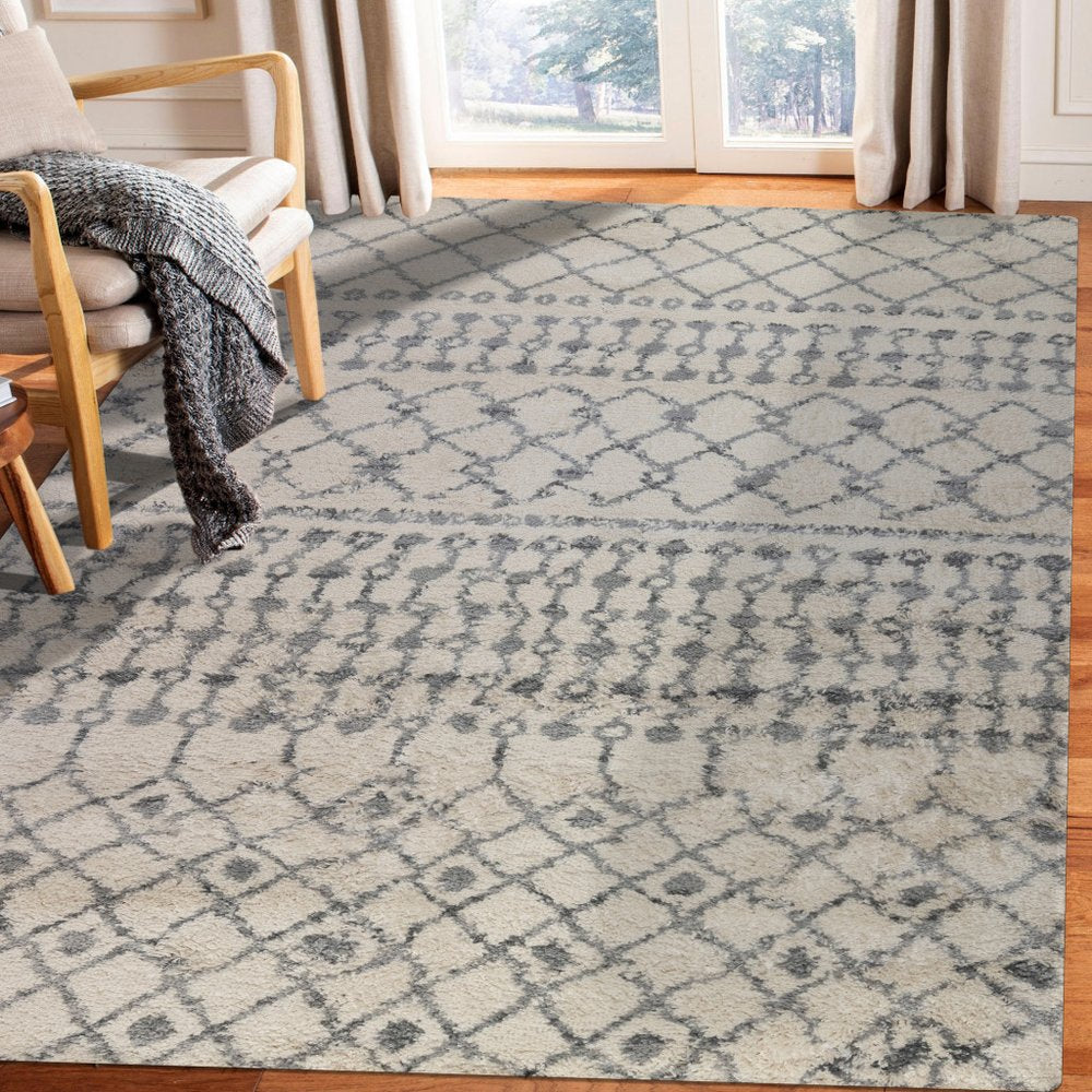 10' Gray And Ivory Geometric Shag Runner Rug