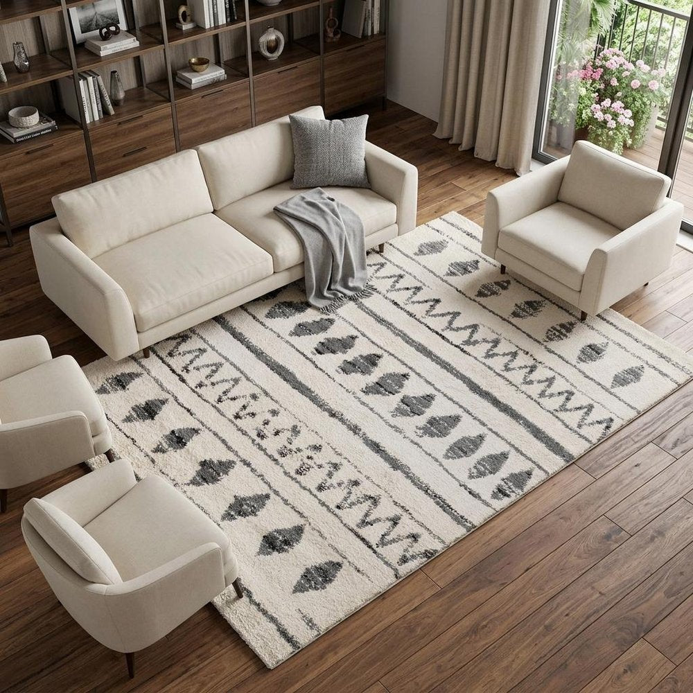 10' Cream Black And Gray Geometric Shag Runner Rug