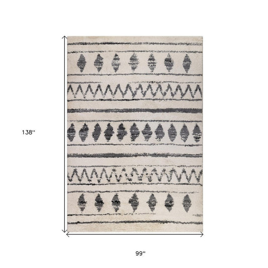10' Cream Black And Gray Geometric Shag Runner Rug