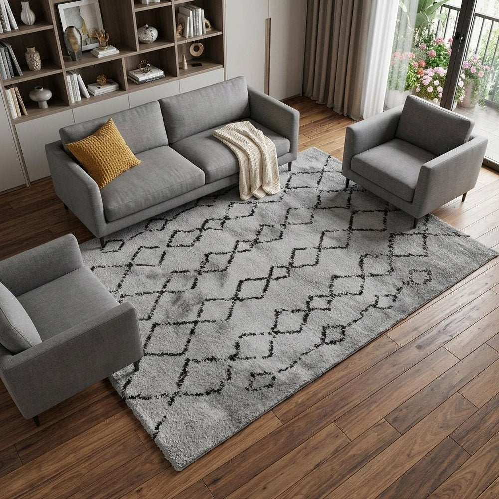10' Black And Gray Geometric Shag Runner Rug