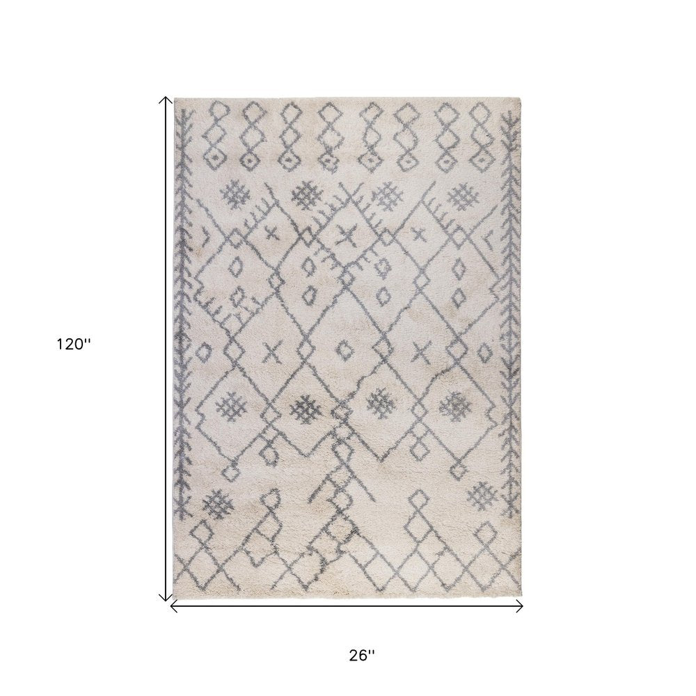 10' Gray And Ivory Geometric Shag Runner Rug