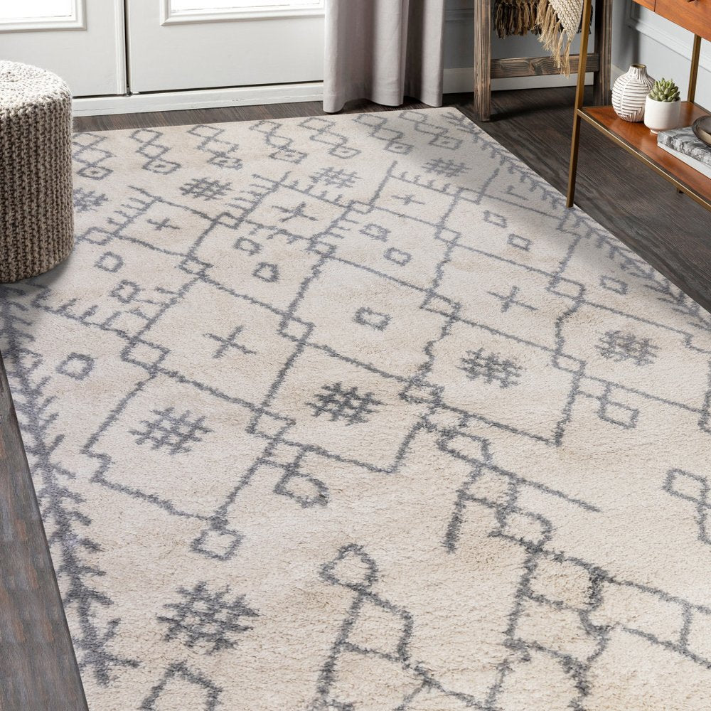 10' Gray And Ivory Geometric Shag Runner Rug