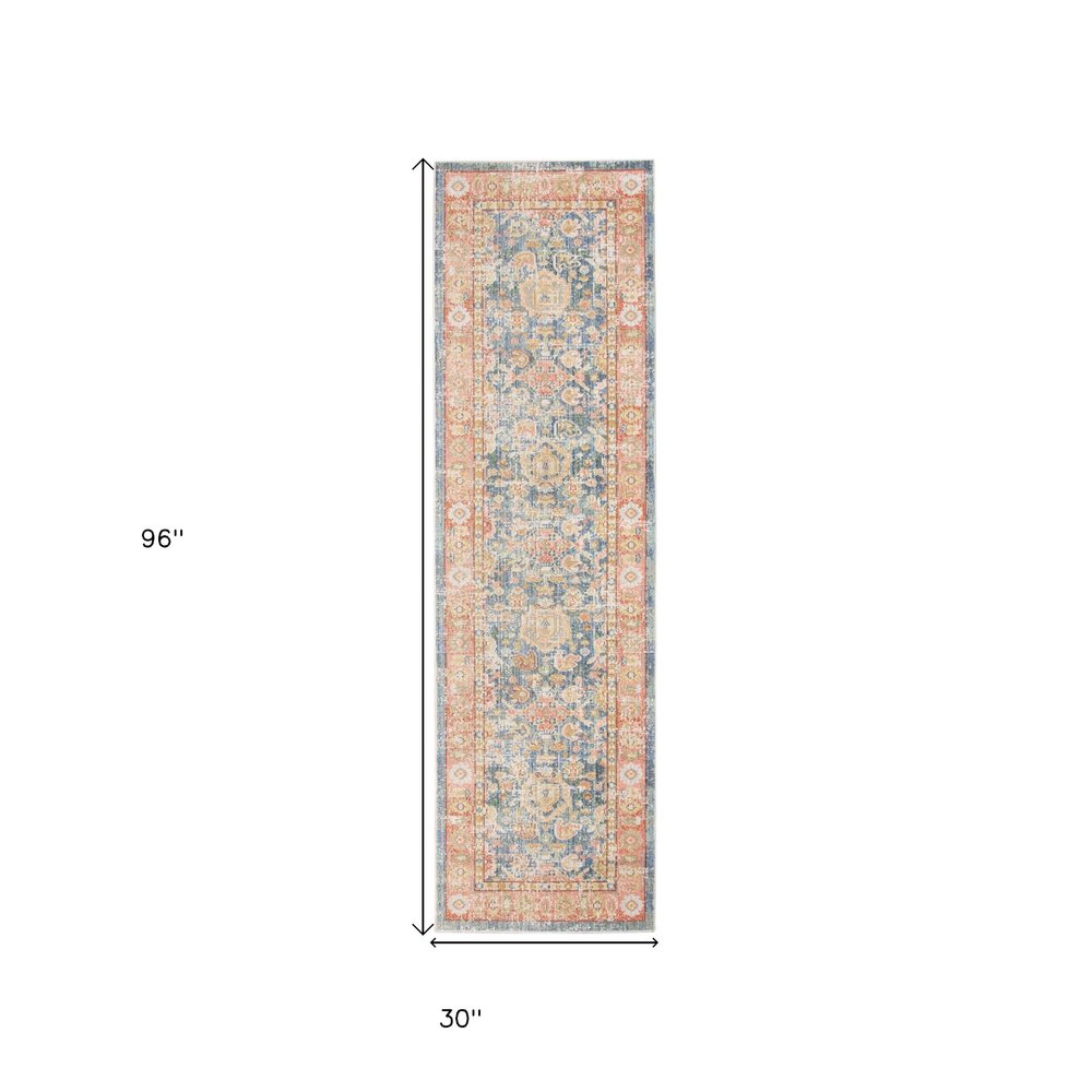 9' X 13' Coral And Blue Oriental Area Rug