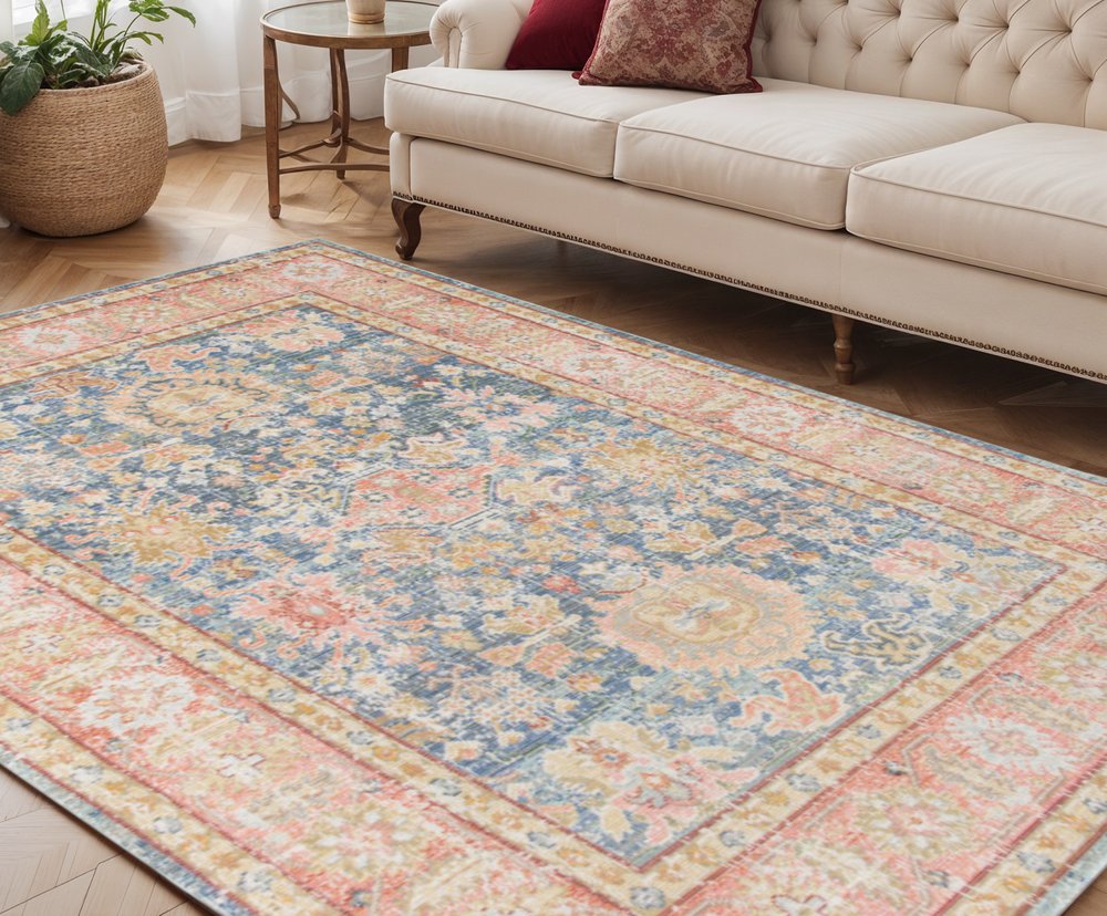 9' X 13' Coral And Blue Oriental Area Rug