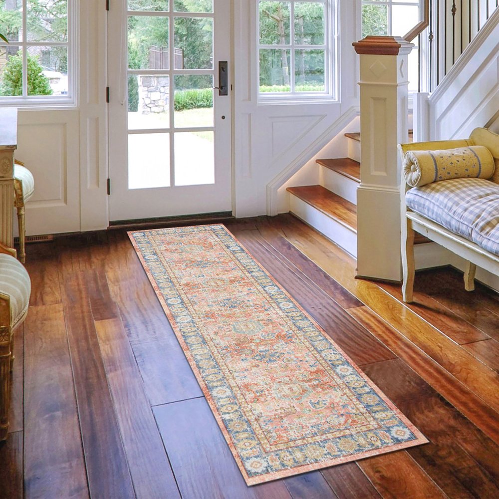 9' X 13' Coral And Blue Oriental Area Rug