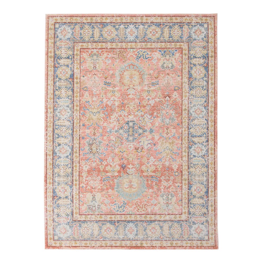 9' X 13' Coral And Blue Oriental Area Rug