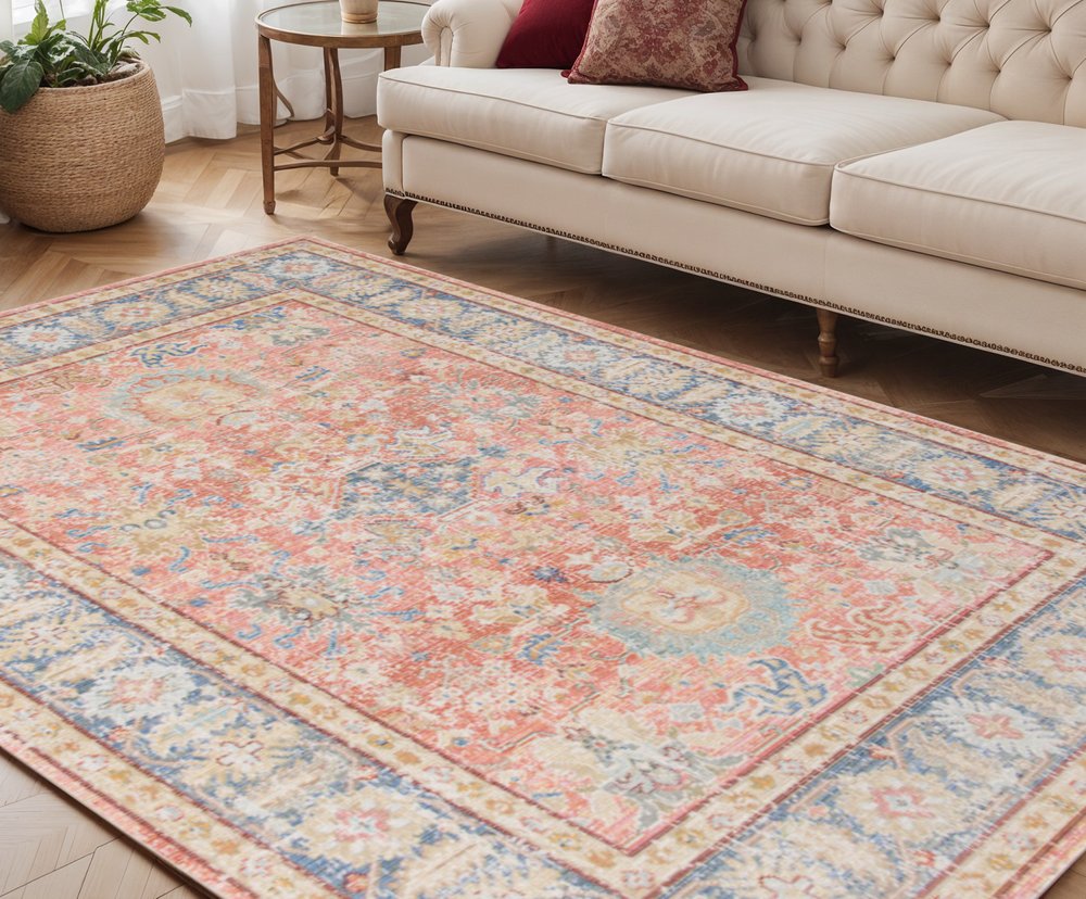 9' X 13' Coral And Blue Oriental Area Rug