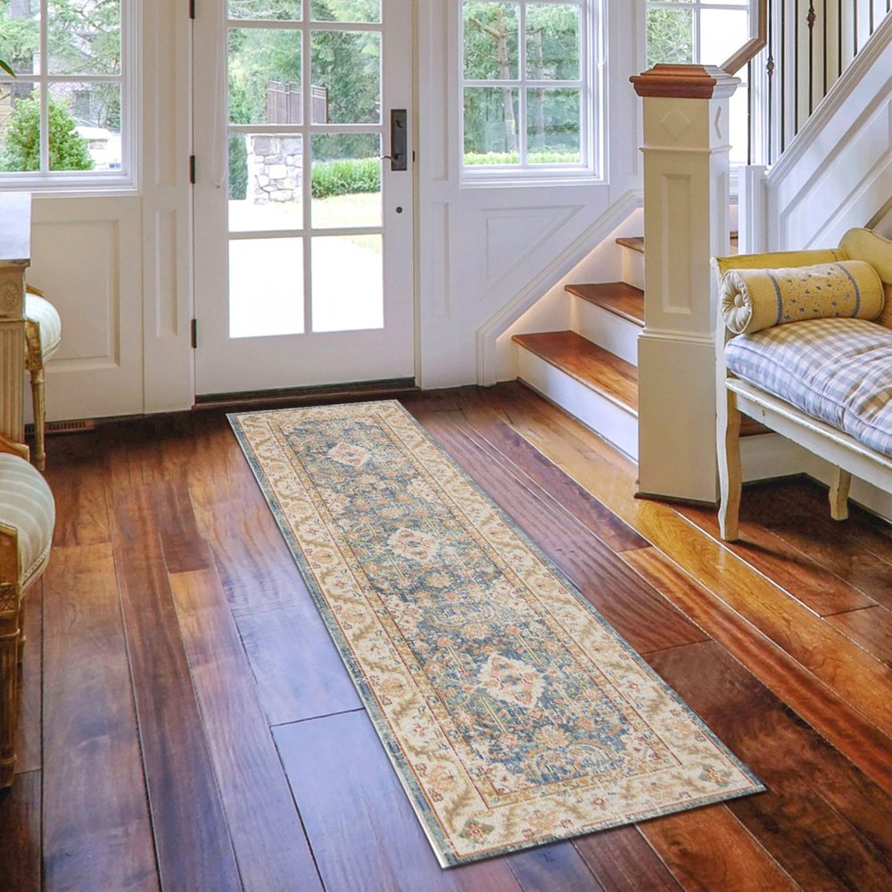 9' X 13' Coral And Blue Floral Area Rug