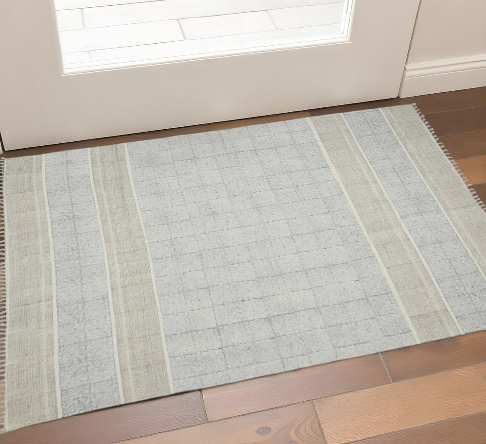 3' X 5' Blue And Gray Striped Flatweave Handmade Distressed Area Rug With Fringe