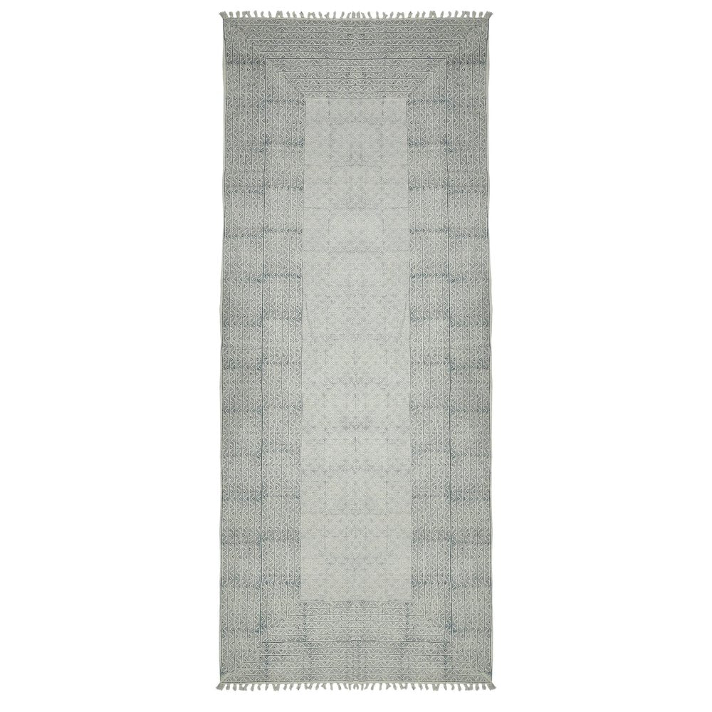 3' X 5' Gray And Blue Geometric Flatweave Handmade Distressed Area Rug With Fringe