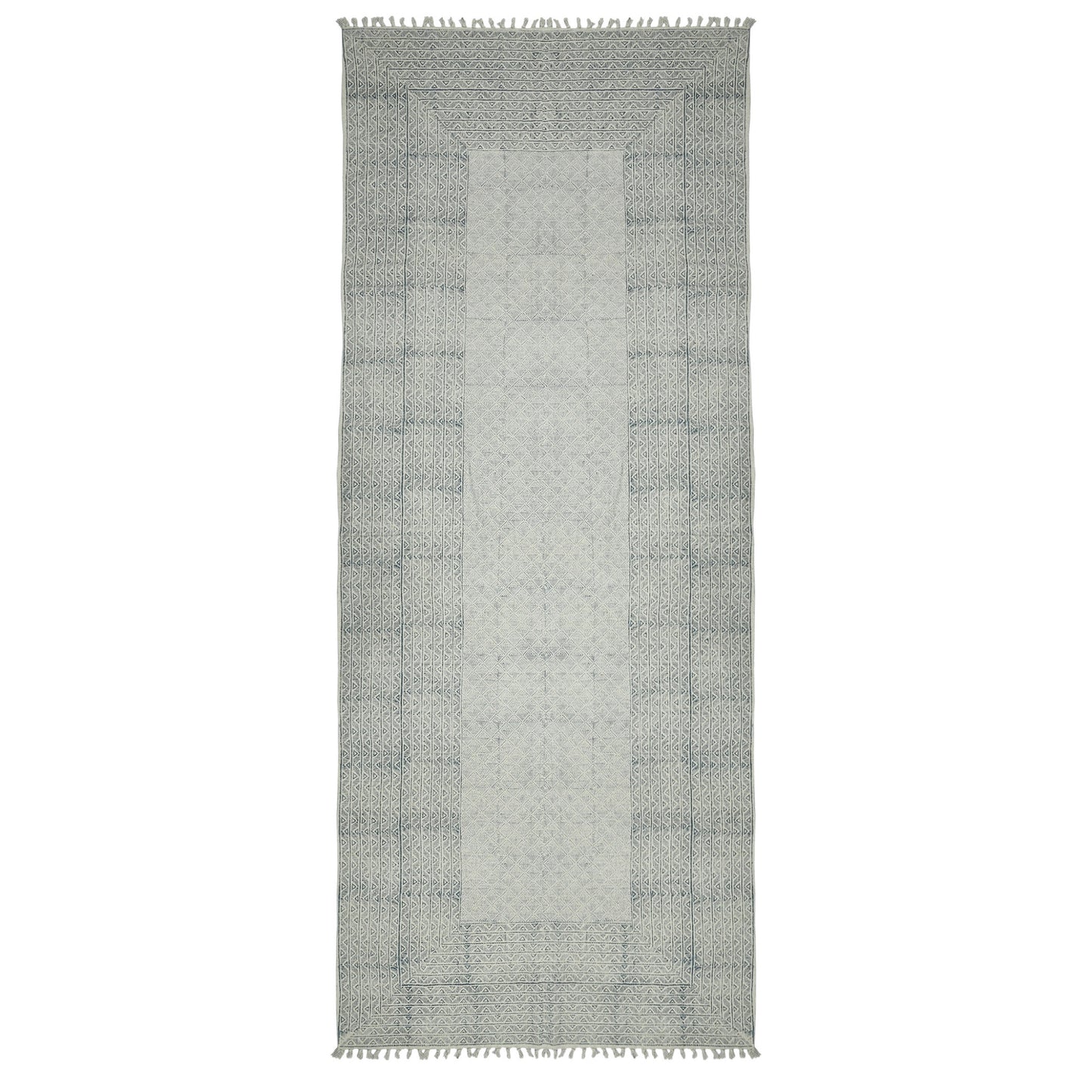 9' X 12' Gray And Blue Geometric Flatweave Handmade Distressed Area Rug With Fringe