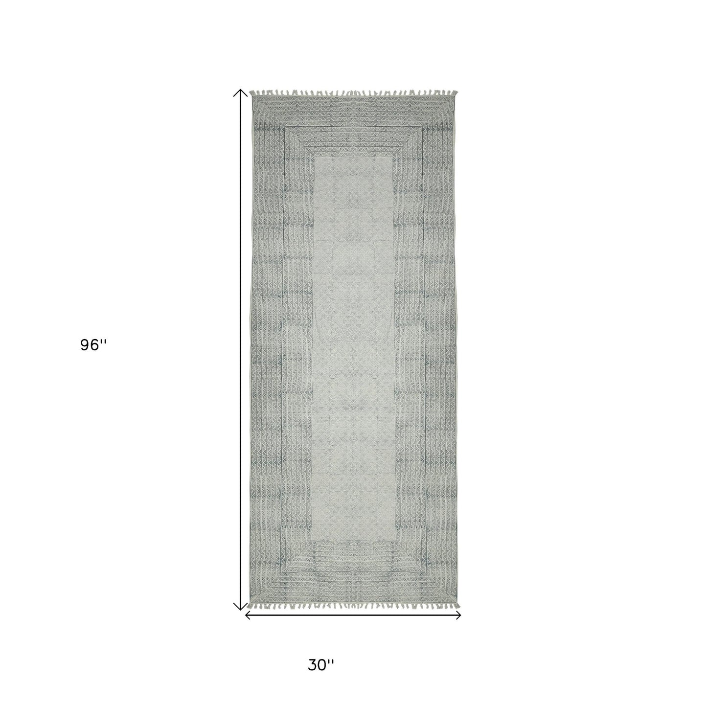 9' X 12' Gray And Blue Geometric Flatweave Handmade Distressed Area Rug With Fringe