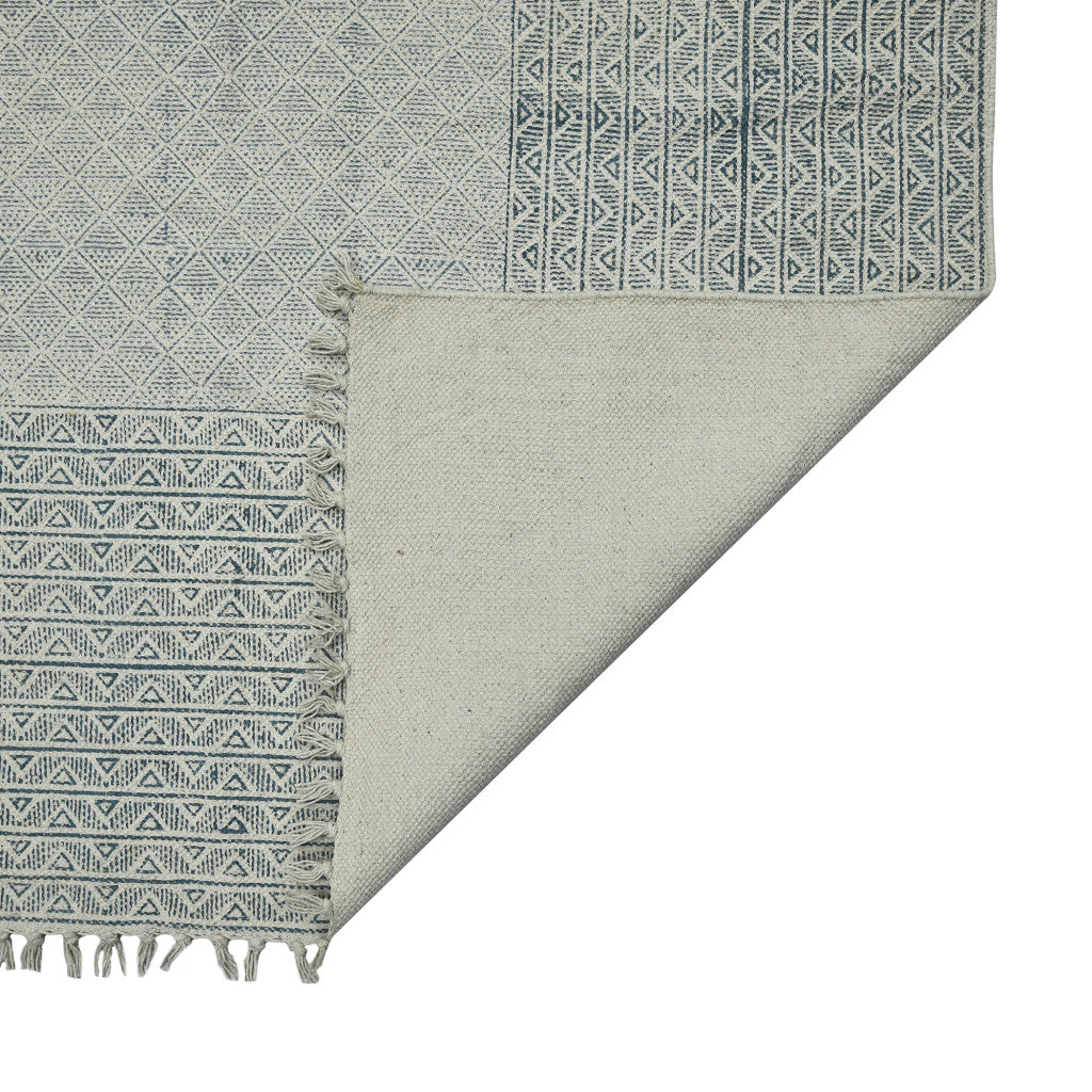 9' X 12' Gray And Blue Geometric Flatweave Handmade Distressed Area Rug With Fringe