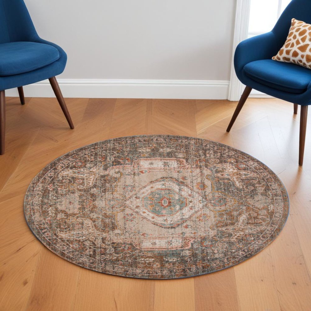 6' X 8' Beige Gray and Taupe Medallion Power Loom Area Rug