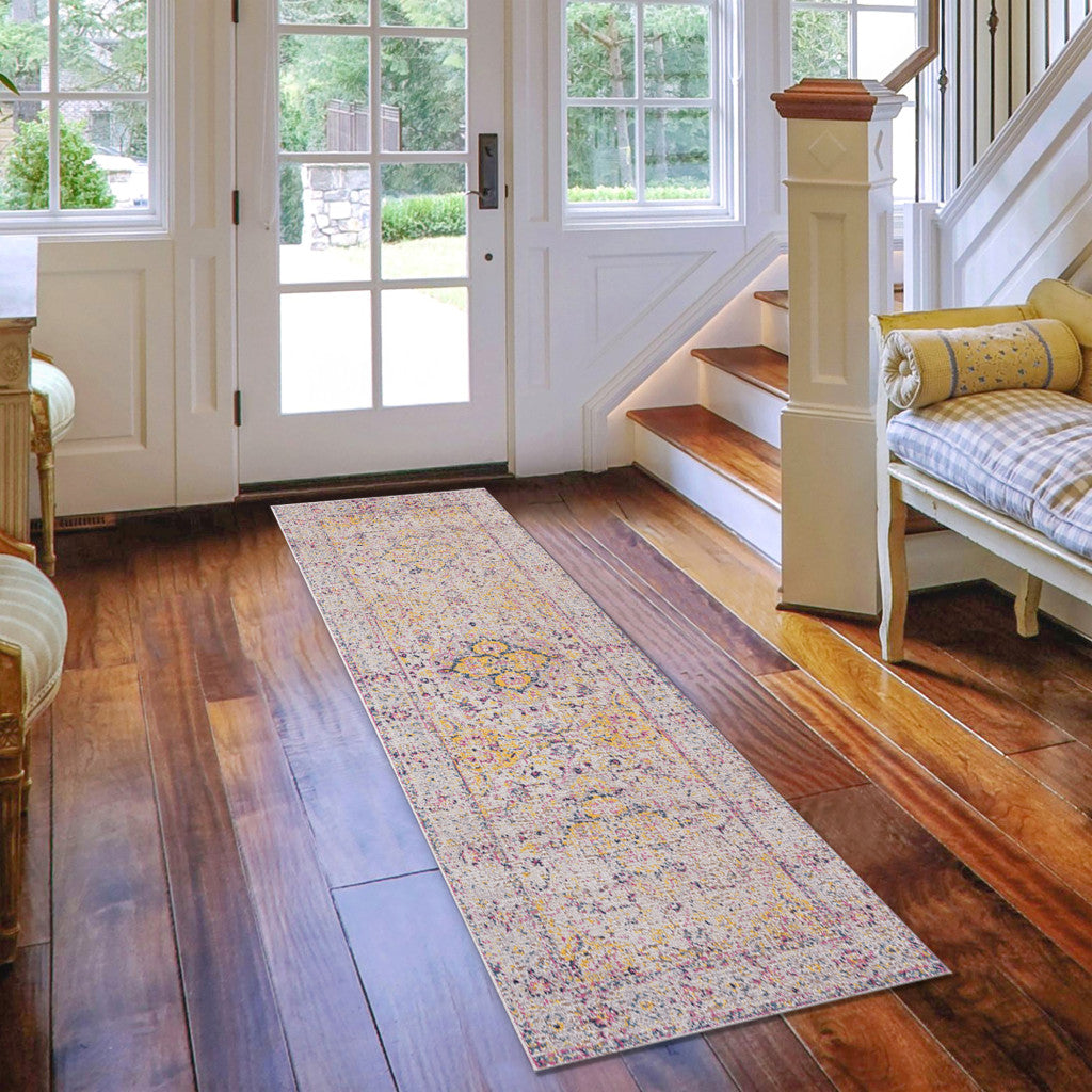 10' X 14' Ivory And Yellow Oriental Distressed Area Rug
