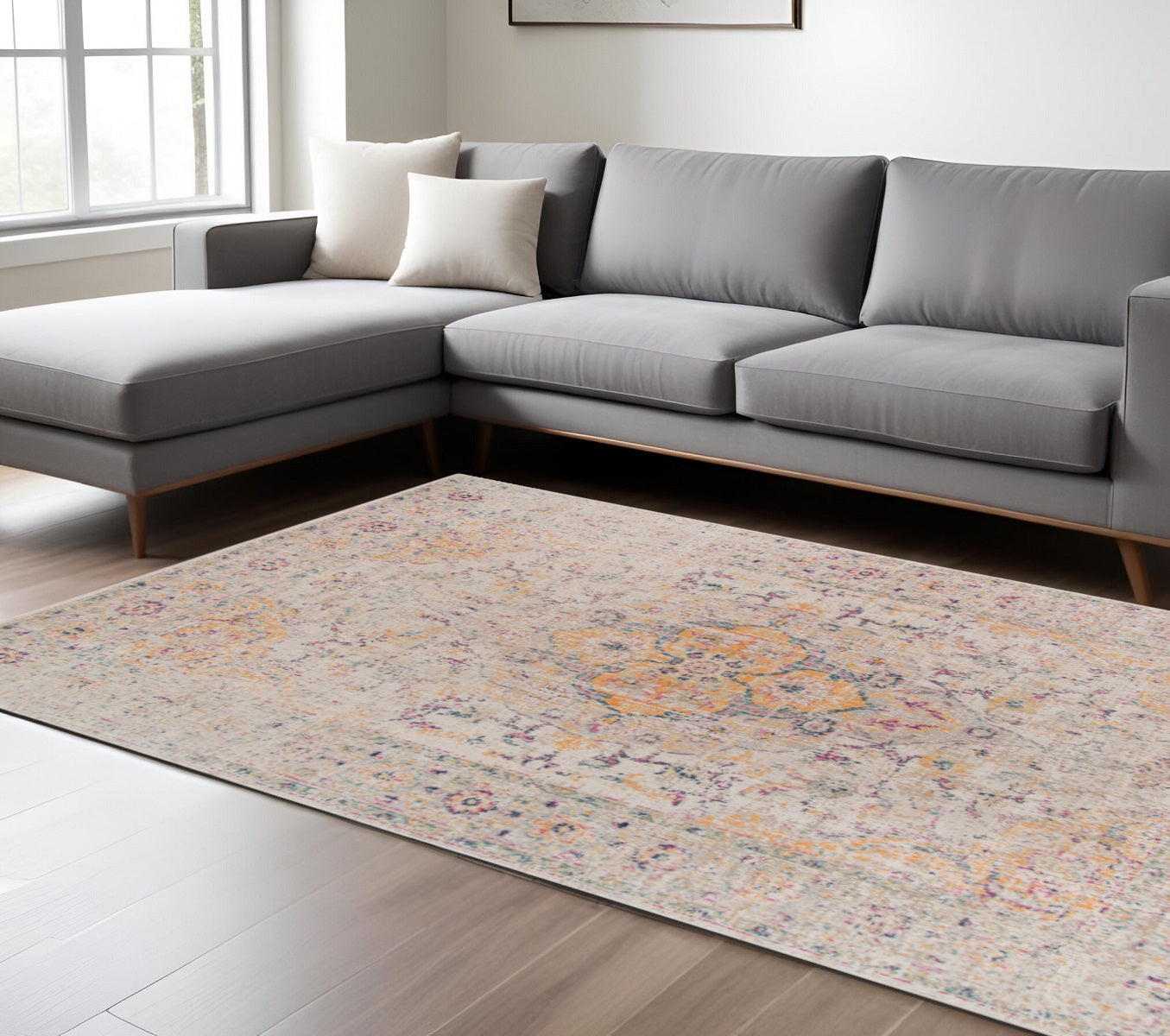10' X 14' Ivory And Yellow Oriental Distressed Area Rug