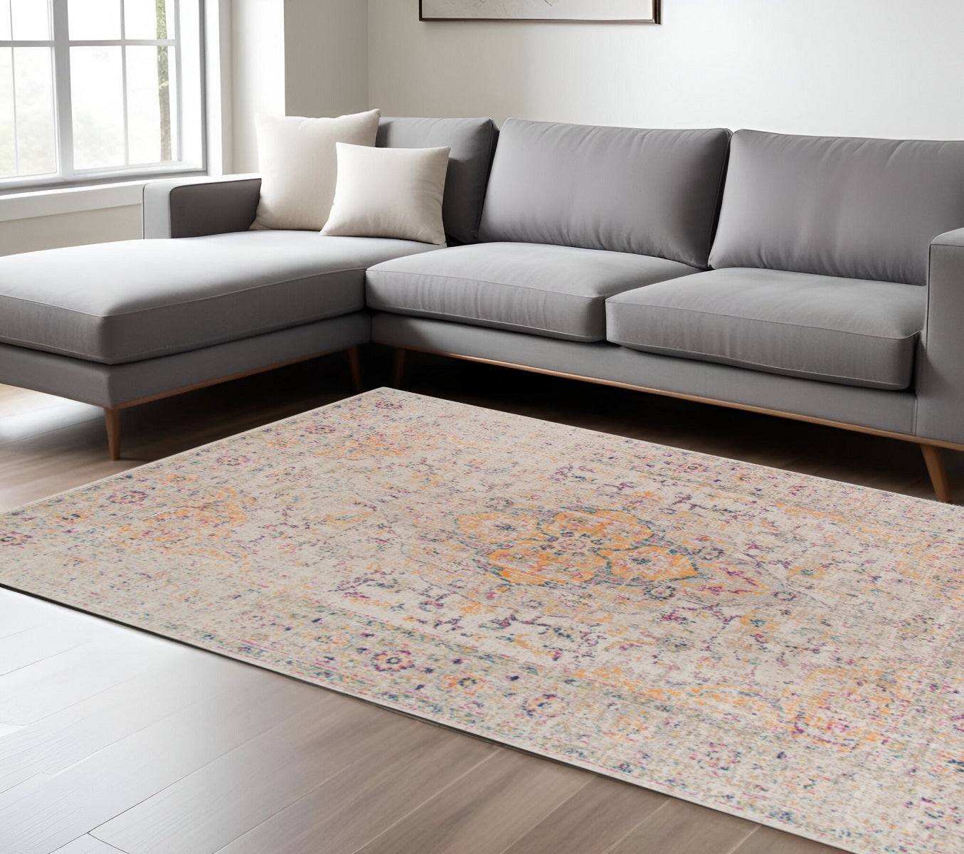 10' X 14' Ivory And Yellow Oriental Distressed Area Rug