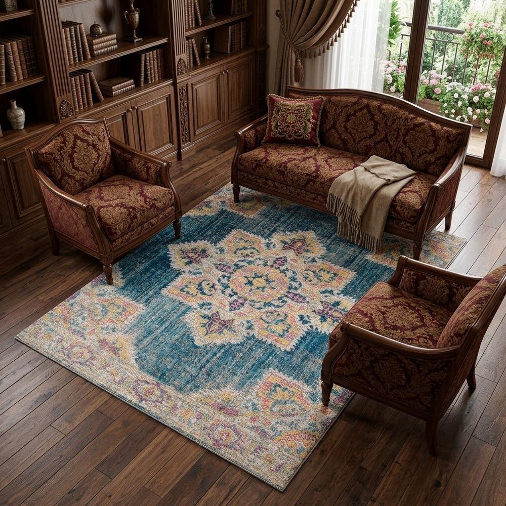 10' X 14' Blue Rust And Beige Medallion Area Rug