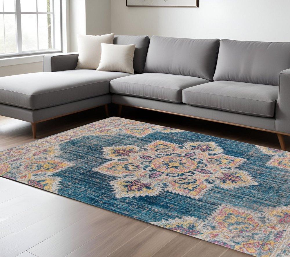 10' X 14' Blue Rust And Beige Medallion Area Rug
