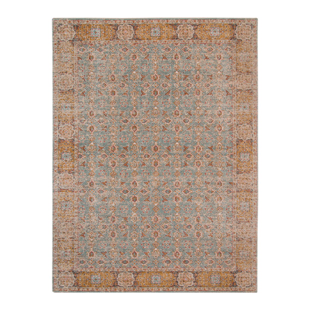 9' X 12' Teal Red And Orange Floral Area Rug