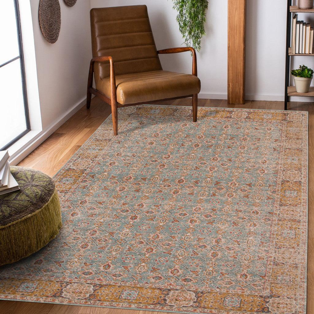 9' X 12' Teal Red And Orange Floral Area Rug