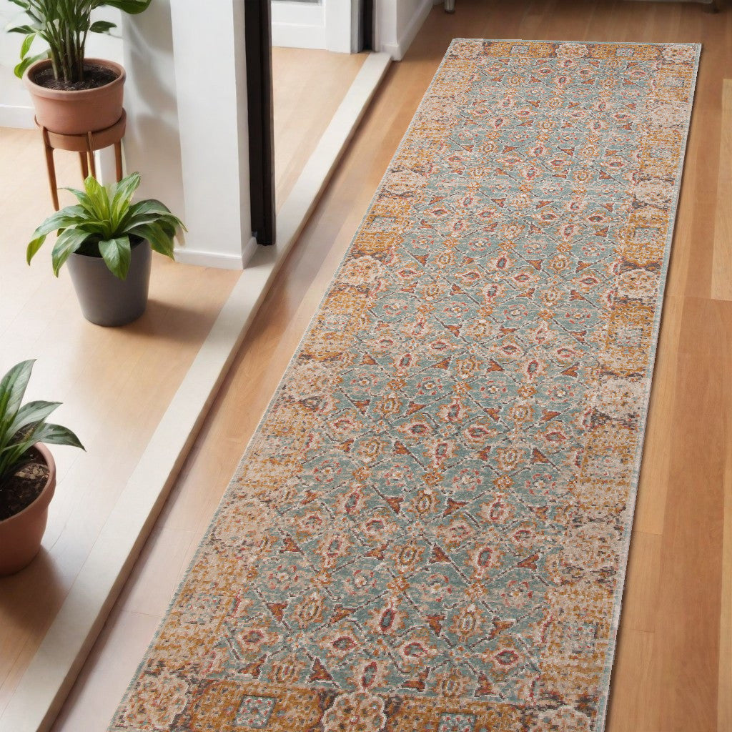 9' X 12' Teal Red And Orange Floral Area Rug