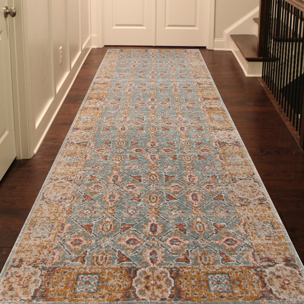 9' X 12' Teal Red And Orange Floral Area Rug