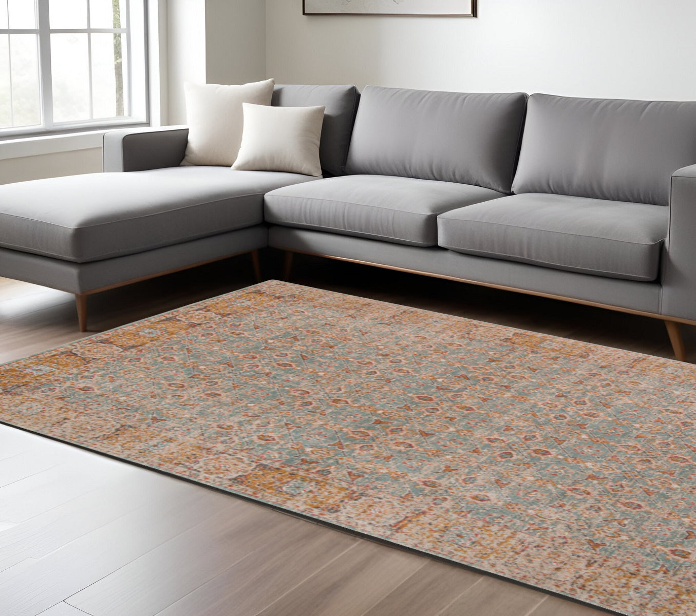 9' X 12' Teal Red And Orange Floral Area Rug