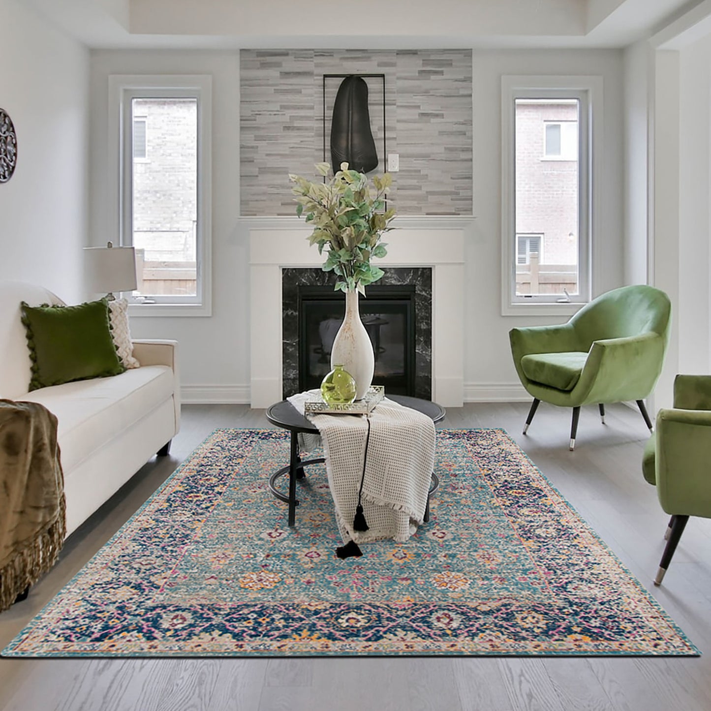 7' X 9' Teal And Orange Floral Distressed Area Rug