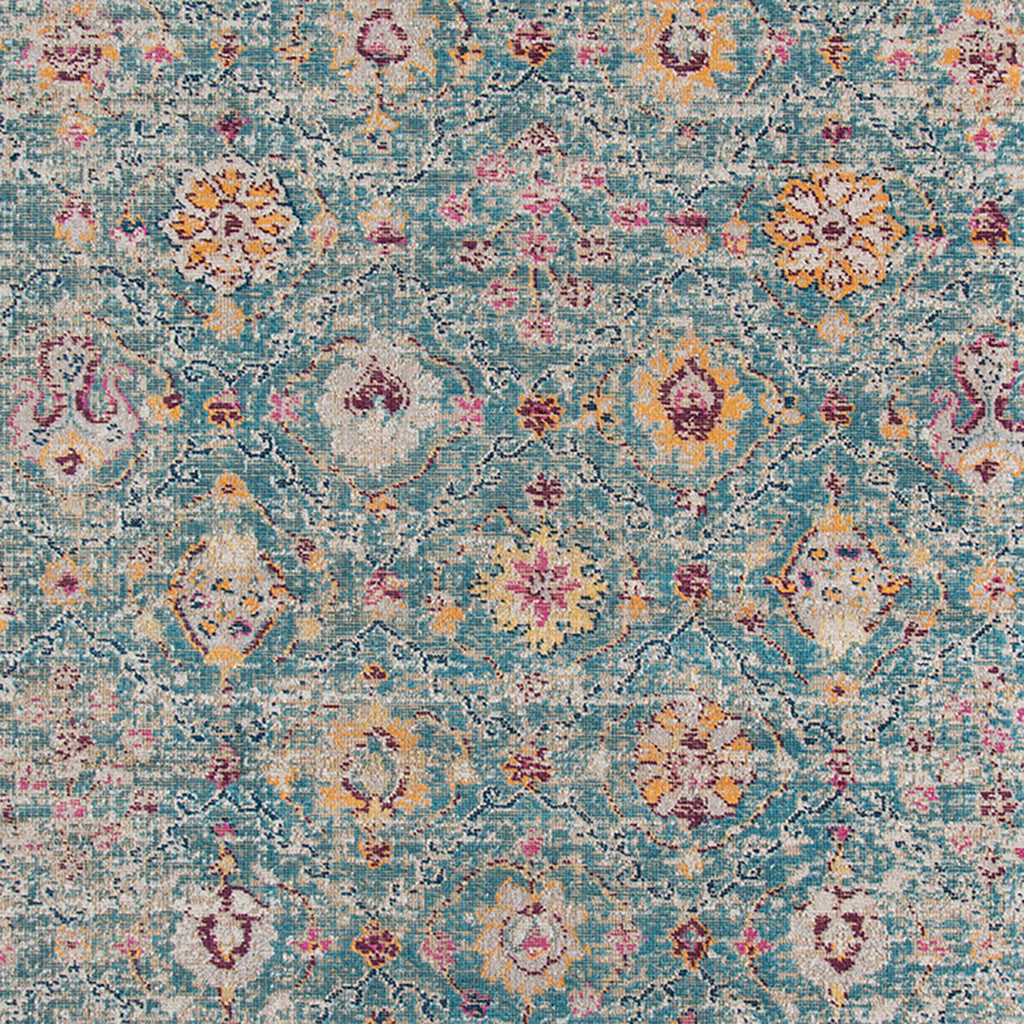 7' X 9' Teal And Orange Floral Distressed Area Rug