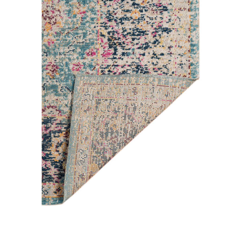 7' X 9' Teal And Orange Floral Distressed Area Rug