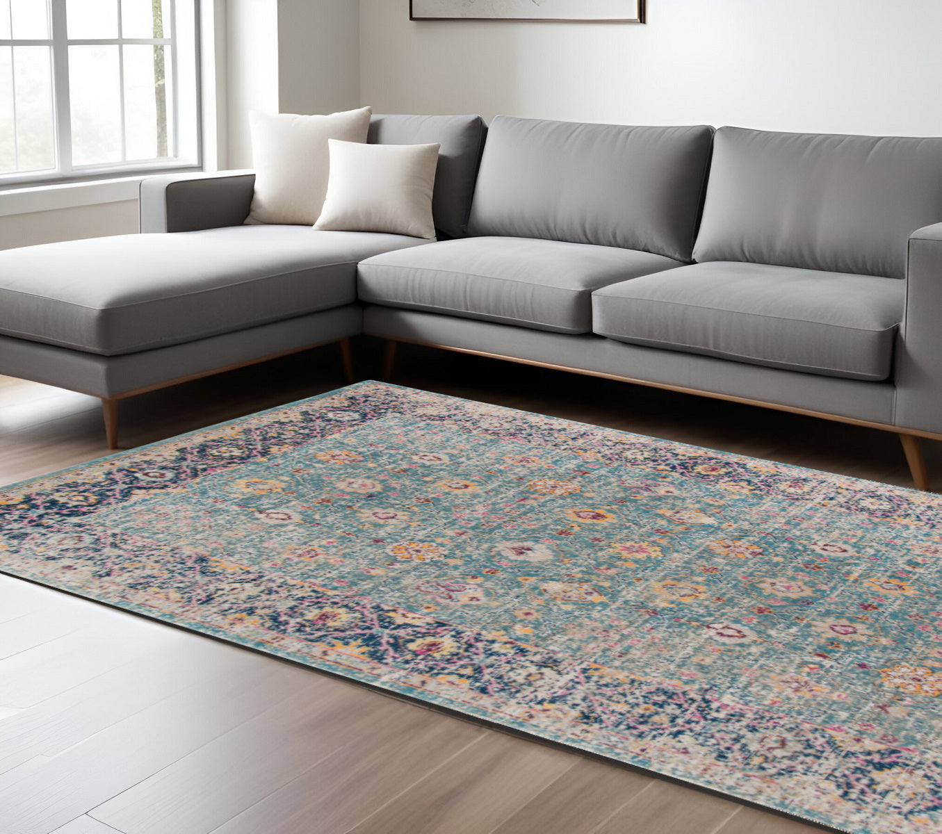 7' X 9' Teal And Orange Floral Distressed Area Rug