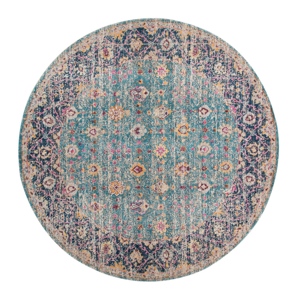 7' X 9' Teal And Orange Floral Distressed Area Rug
