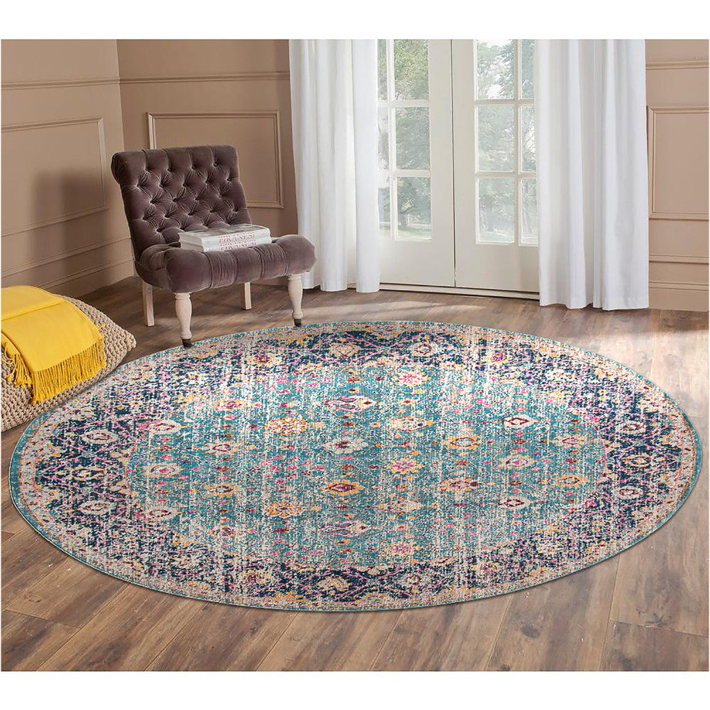 7' X 9' Teal And Orange Floral Distressed Area Rug