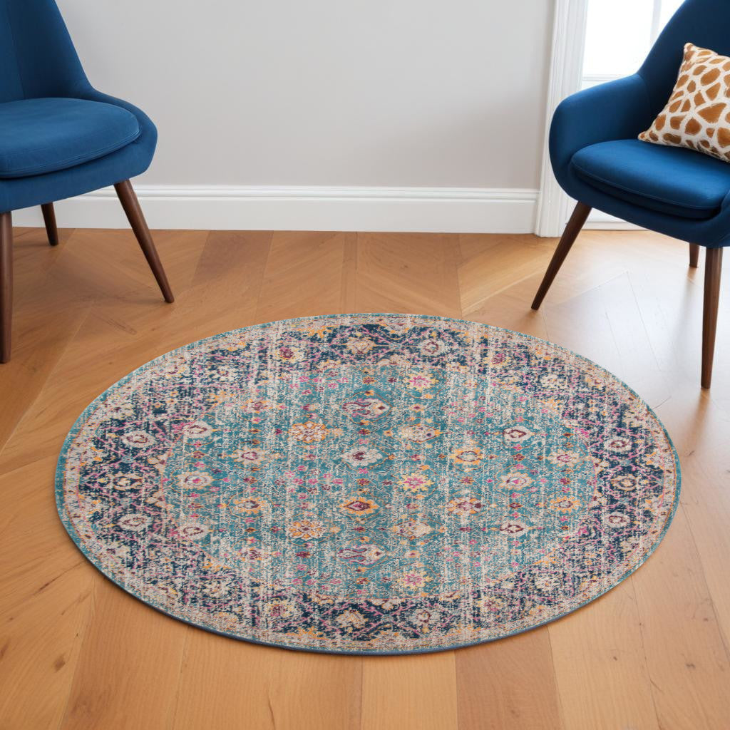 7' X 9' Teal And Orange Floral Distressed Area Rug