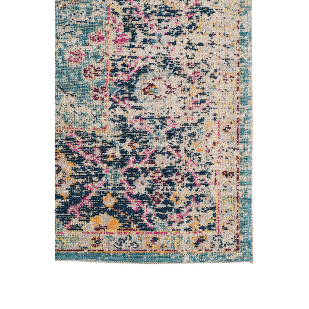 7' X 9' Teal And Orange Floral Distressed Area Rug