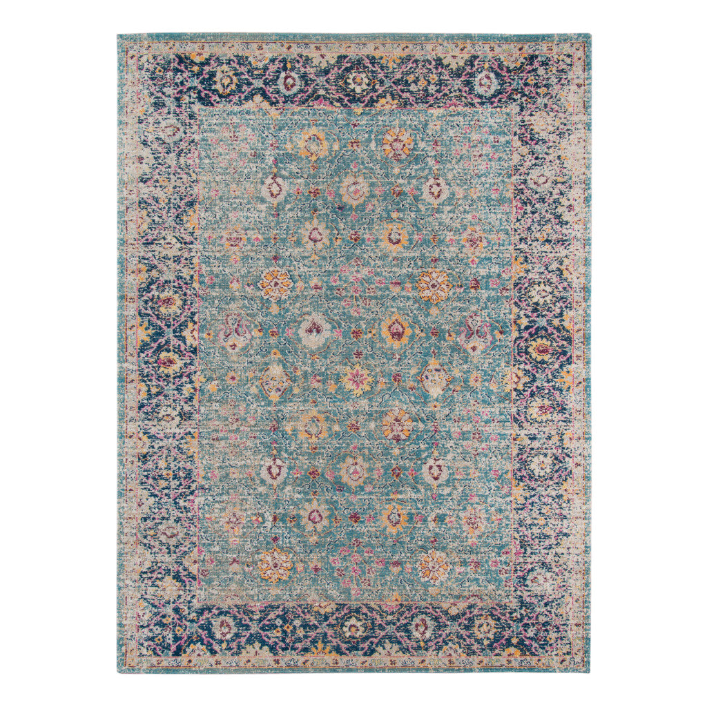 7' X 9' Teal And Orange Floral Distressed Area Rug