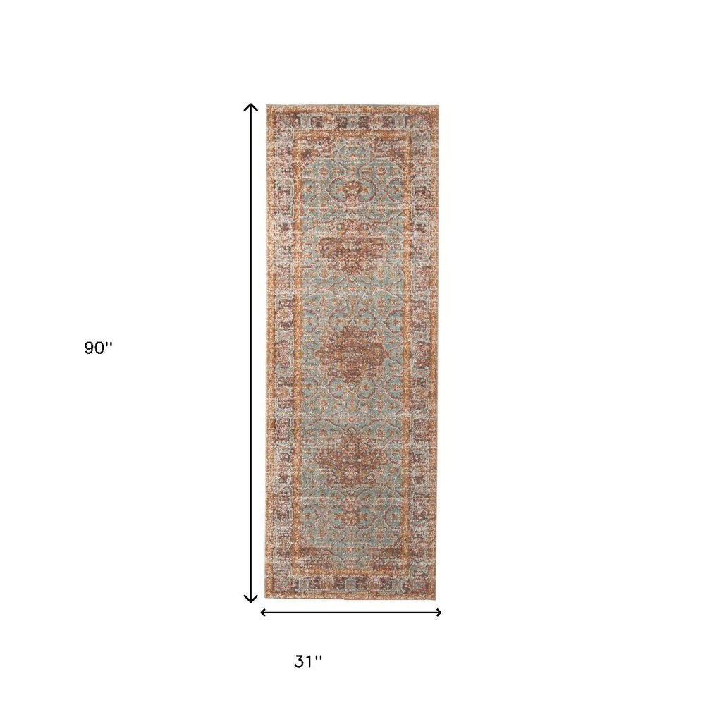 7' Teal Red And Orange Medallion Runner Rug