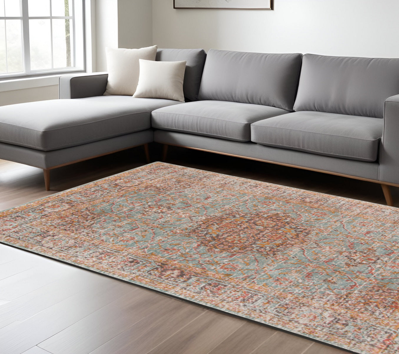 2' X 3' Teal Red And Orange Medallion Area Rug