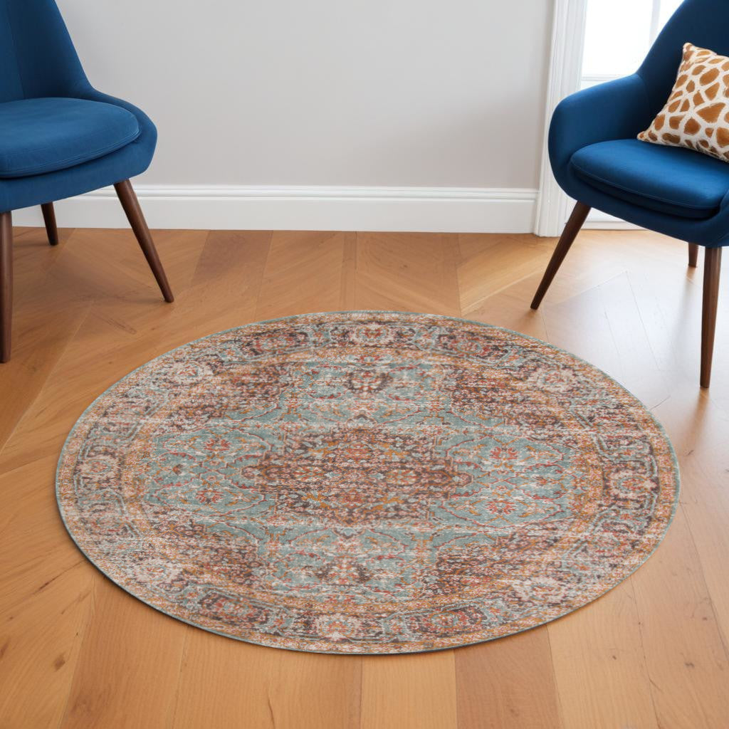 2' X 3' Teal Red And Orange Medallion Area Rug