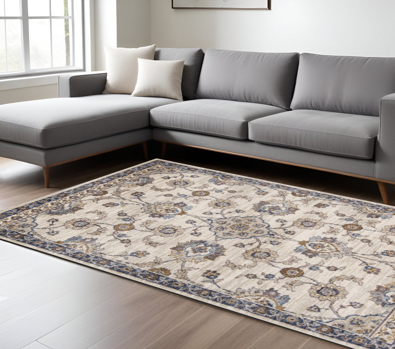 8' X 10' Ivory And Charcoal Floral Area Rug