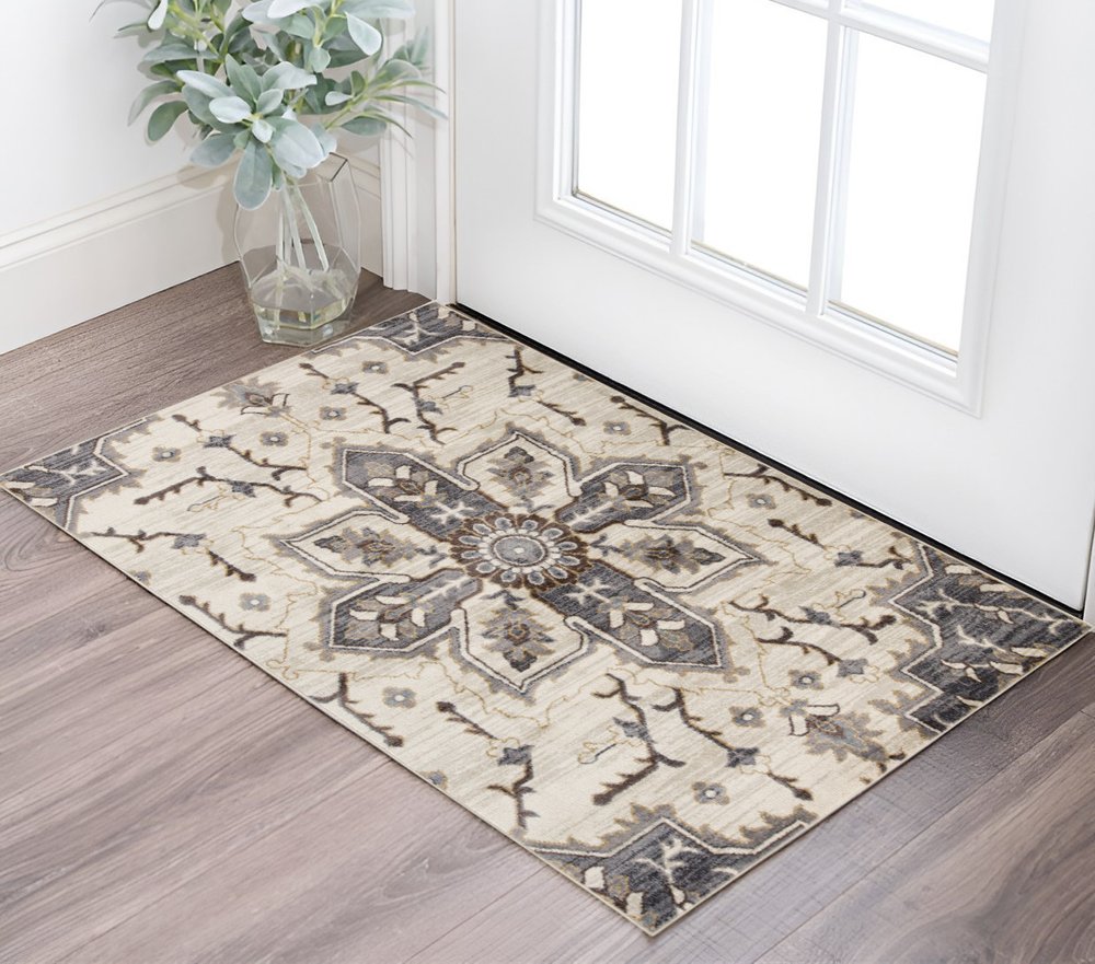 10' Ivory Gray And Brown Floral Medallion Runner Rug
